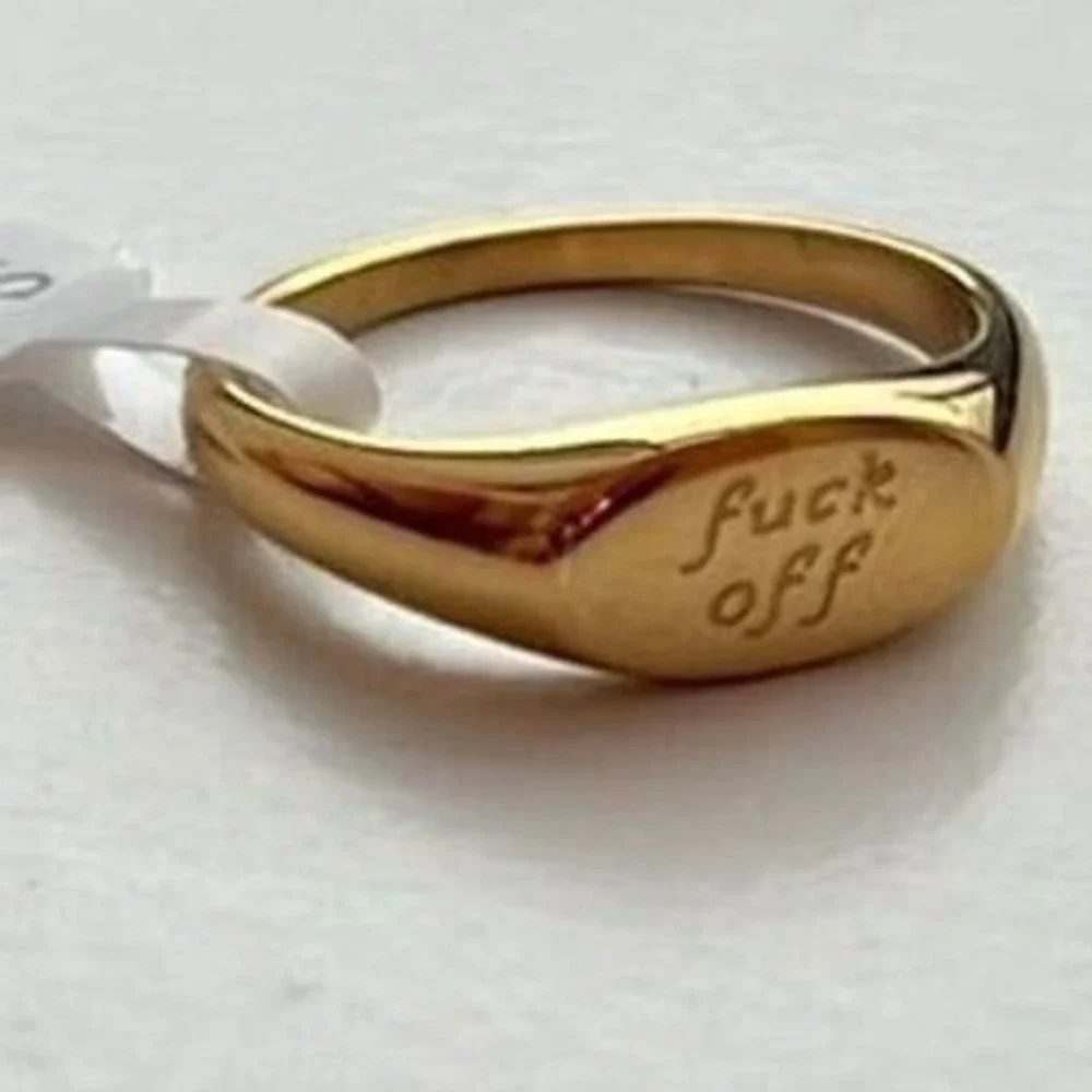 18k Gold Plated Stainless Steel Engraved Signet Ring‎ F*ck Off Statement Size 8